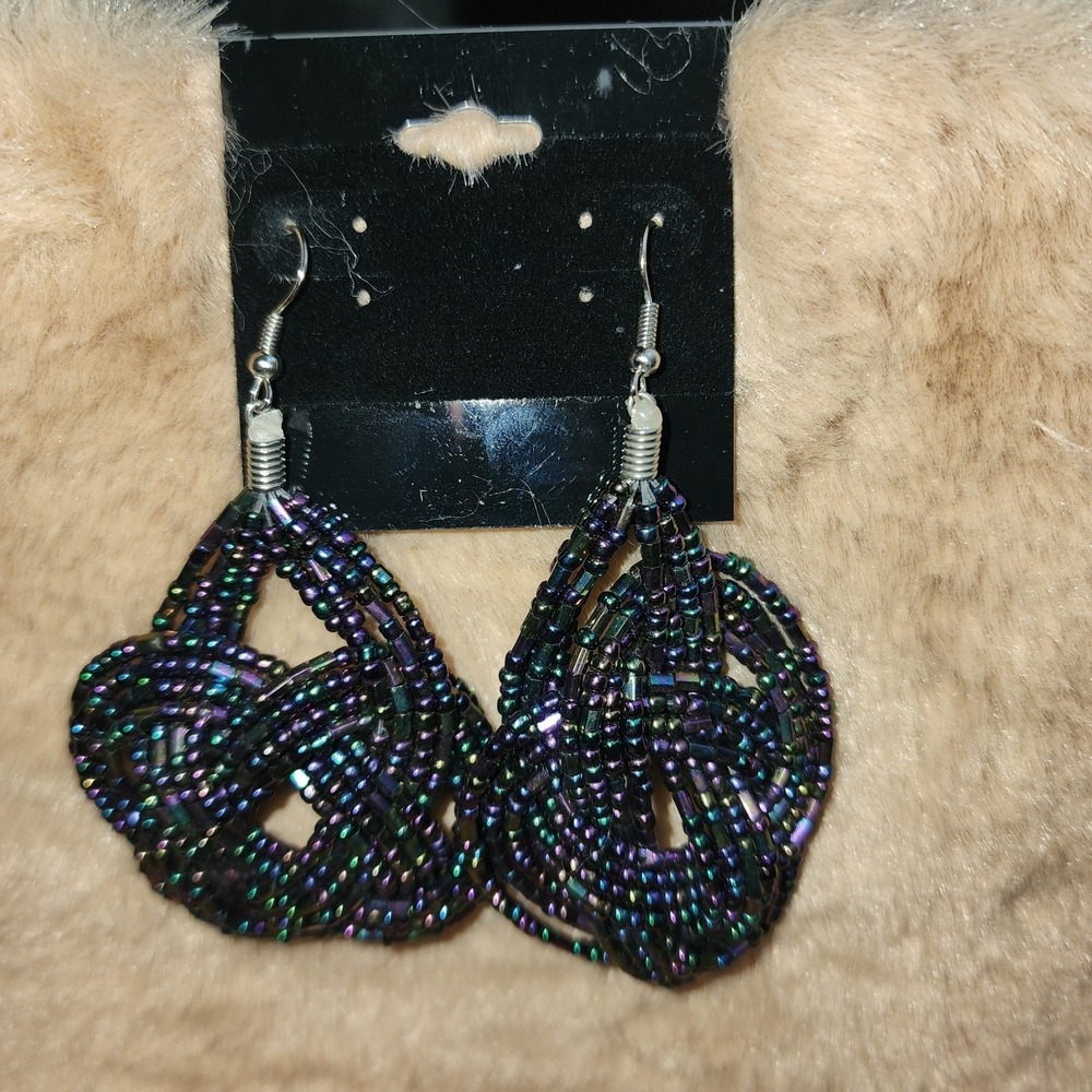 Handmade Beaded Earrings Black Seed Bead Swirl Dangle Statement Boho Modern Chic